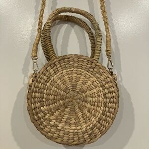 Round Woven Straw Bag – Tan with Removable Strap